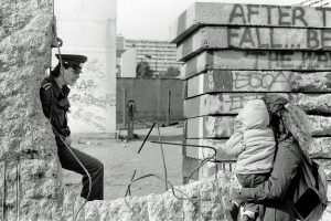 This is a picture of the fallen Berlin Wall in 1990.