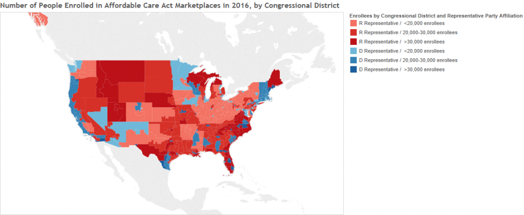 Map of enrollment in ACA by Congressional districts.